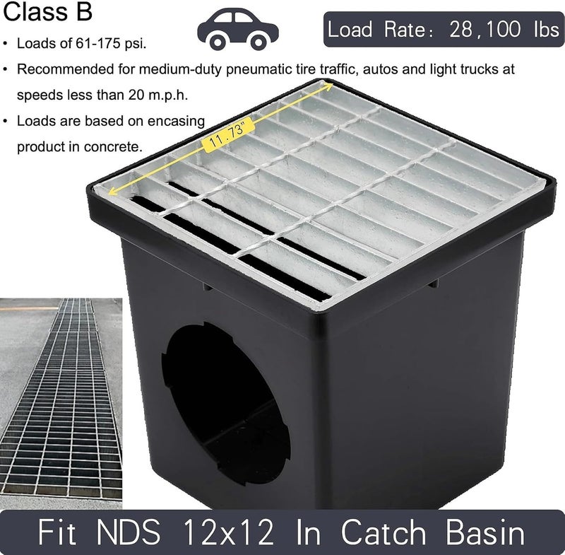 masslunt شبكة تصريف فولاذية مجلفنة 12x12 بوصة لحوض تصريف NDS، فئة B 28100 رطل، شبكة تصريف خندق خارجية ثقيلة التحمل ل Polylok، غطاء مجاري معدني مربع (حقيقي 11.7x11.7) - Image 2
